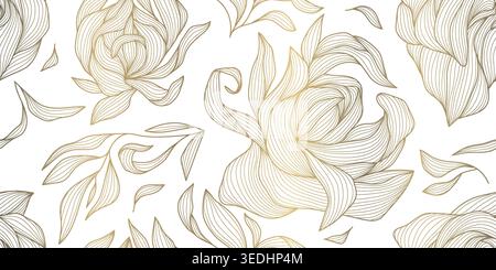 Elegante motivo floreale senza cuciture con eleganti fiori e foglie dorate sullo sfondo. Illustrazione vettoriale vintage, invito al matrimonio, carta nuziale Illustrazione Vettoriale