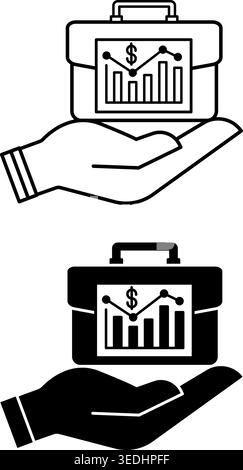 Icone aziendali. Illustrazioni glifi e vettori di linea. Mano umana che tiene una cartella con un grafico finanziario. Occupazione generatrice di reddito. Dollaro Conce Illustrazione Vettoriale