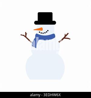 Semplice illustrazione di un pupazzo di neve che indossa un cappello nero e una sciarpa blu con braccia ramoscelli e una faccia sorridente. Illustrazione Vettoriale