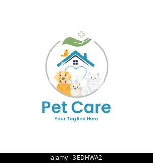 Logo per la cura degli animali domestici con simbolo veterinario, adatto per cliniche, ospedali animali e servizi per animali domestici Illustrazione Vettoriale