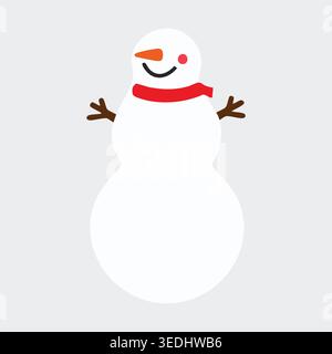 Semplice illustrazione di un pupazzo di neve che indossa una sciarpa rossa con braccia ramoschiate e un'espressione sorridente. Illustrazione Vettoriale