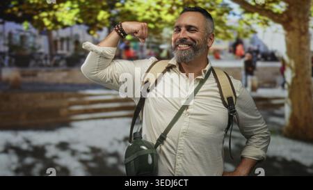 L'uomo ispanico di mezza età si flette bicipite, sorridendo, indossando zaino con mensa e braccialetti in Street plaza; avventura sicura. Foto Stock