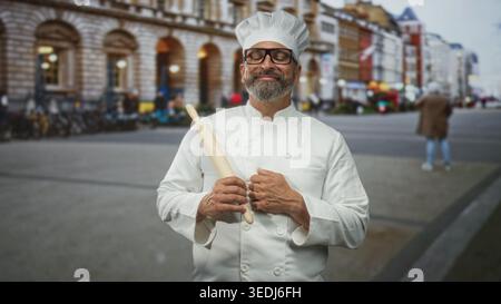 Il cuoco con l'uniforme bianca tiene il mattarello in mano sulla strada di fronte all'edificio; vantiamo la tradizione artigianale. Foto Stock