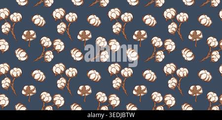 Motivo di piante di cotone senza cuciture in stile piatto. Illustrazione botanica. Sfondo ornamento naturale. Texture accattivante per tessuti, tessuti, carta, carta da parati. Illustrazione Vettoriale