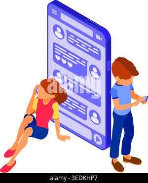 isometric ragazzo e ragazza chattano sui social network invia messaggi foto video chiama utilizzando lo smartphone. Incontri online amicizia relazioni virtuali. adolescente Illustrazione Vettoriale