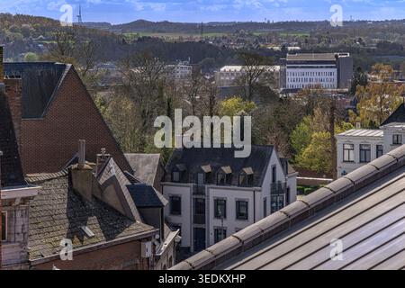 Paesaggio urbano sulla città belga di Mons, girato dal Belfry di Mons (Beffroi de Mons) con ampie vedute della città che si affacciano sui tetti della città vecchia. Foto Stock