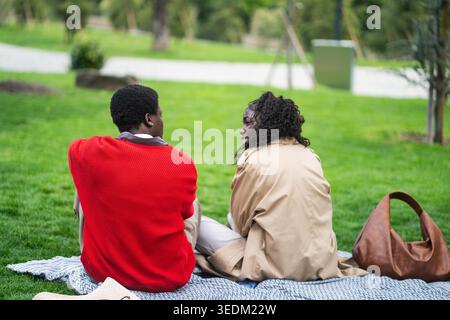 Allegra coppia afroamericana positiva in un appuntamento nel parco rilassarsi sedersi su un piatto godersi una conversazione. Foto Stock