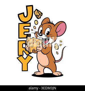 Topolino che regge un pezzo di formaggio su sfondo bianco Illustrazione Vettoriale