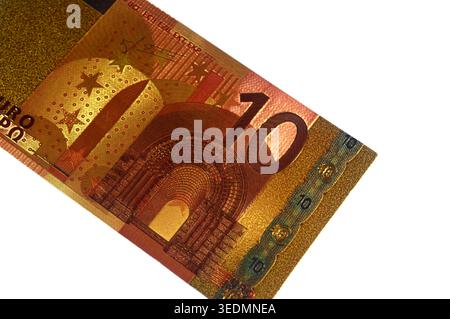 Il lato anteriore della banconota ricordo da 10 euro, venduta come souvenir da collezione, realizzata con placcatura in oro o foglio d'oro, piuttosto che con un vero e proprio no di valuta Foto Stock