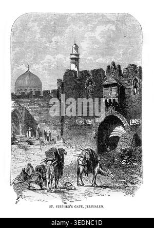 Incisione in legno della porta di Santo Stefano con la Cupola della roccia dietro Gerusalemme Israele dall'antico libro Palestina del XIX secolo passato e presente Pictore Foto Stock