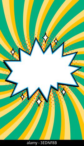 banner a fumetti starburst con spazio di copia su sfondo a spirale verde e giallo con puntini mezzitoni arancioni e accenti scintillanti. Vettore rétro luminoso Illustrazione Vettoriale