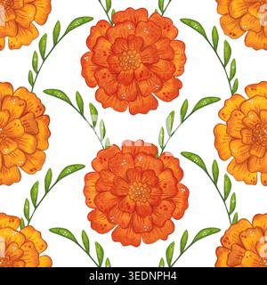 Motivo senza cuciture di fiori e foglie di calendula. Illustrazione ad acquerello disegnata a mano, cartone animato. Progettare inviti, poster, cartoline o stampe Foto Stock