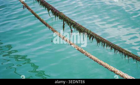 due spesse funi di ormeggio si estendevano sull'acqua turchese del porto, con la fune superiore ricoperta pesantemente di alghe verdi che gocciolano. Foto Stock
