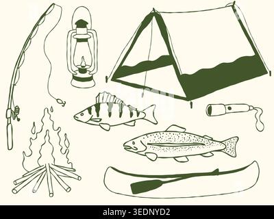 Pesca disegnata a mano e campeggio stravagante collezione Vector Doodle, illustrazione d'arte Wilderness Outdoor Line Illustrazione Vettoriale