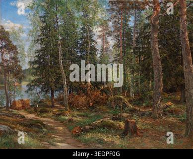 Illustrazione storica dell'interno della foresta, argomento di Laavala, Helsinki dell'artista finlandese Berndt Lindholm, dipinto nel 1886. Il paesaggio pittorico del XIX secolo raffigura una foresta nordica illuminata dal sole con torreggianti pini e betulle, sentieri boschivi e una tranquilla scena lacustre che riflette la bellezza della campagna finlandese. Foto Stock