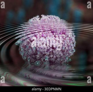 Astratti, increspature e fiori viola rotondi in acqua con sostenibilità ambientale o carta da parati digitale. Liquido, movimento e pianta floreale in onde Foto Stock