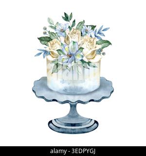Elegante torta nuziale ad acquerello su un piedistallo blu, decorata con un bouquet lussureggiante di rose panna, gigli blu e foglie di eucalipto verde. A. Foto Stock
