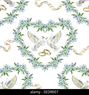 Motivo acquerello senza cuciture con cuori da sposa realizzati con fiori blu, colombe bianche, anelli d'oro e nastri di seta. Elegante e romantico disegnato a mano Foto Stock