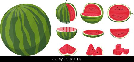 Anguria matura succosa. Frutta dolce o bacche. Polpa rossa e crosta verde. Raccolto biologico. Intero e tagliato. Fette succose. Cubo rinfrescante. Estate naturale Illustrazione Vettoriale