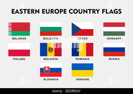Europa orientale, Country Flags Collection Vector Set isolato su sfondo bianco, Official National Symbols of Eastern Europe Nations Illustrazione Vettoriale