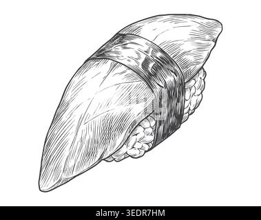 Squisito schizzo monocromatico di un tradizionale sushi nigiri avvolto da una sottile fascia di alghe. Perfetto per menu di pesce di prima qualità e loghi per la cena Illustrazione Vettoriale