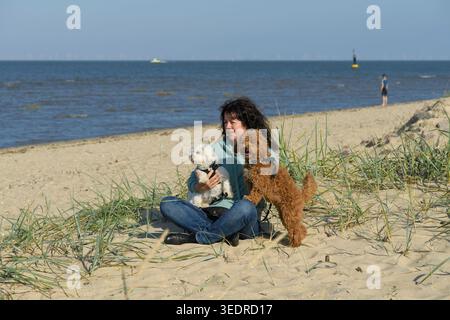 Donna con i suoi cani sulla spiaggia dei cani a Cuxhaven Foto Stock