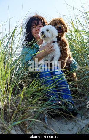 Ritratto di una donna con i suoi maltesi e Maltipoo nelle dune di Cuxhaven Foto Stock