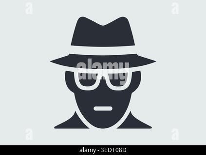 Spia, detective, agente segreto, icona. Mafioso in cappello semplice pittogramma piatto. Simbolo, disegno logo illustrazione vettoriale. Computer hacker avatar Conce Illustrazione Vettoriale