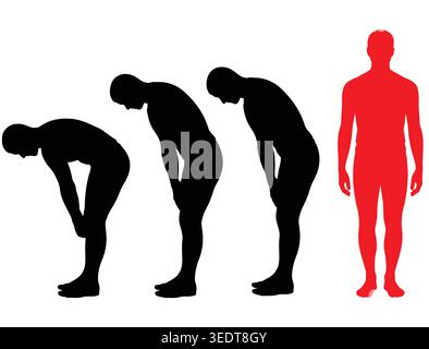Icone sagomate umane per mal di schiena, Set vettoriale postura corpo stanco e stanco Illustrazione Vettoriale