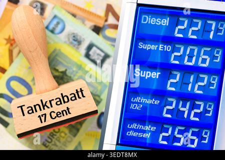 Timbro con la scritta "Tankrabatt 17 cent" sulle banconote in euro e sul prezzo del biglietto in una stazione di servizio, fotomontaggio Foto Stock
