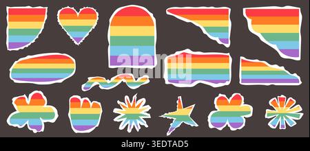 Confezione di adesivi queer Pride con carta strappata arcobaleno. Elemento da scrapbook LGBTQIA, cuore strappato, grafica a stella e fiore, incluso il mese dell'orgoglio fai da te Illustrazione Vettoriale