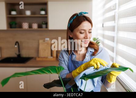 Una donna pulisce le foglie di una pianta mentre sorride nella sua cucina. Utilizza un panno e indossa guanti gialli per pulire accuratamente le foglie Foto Stock