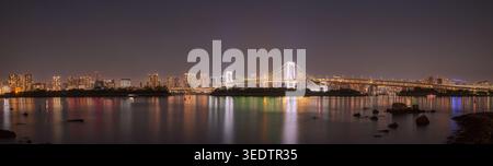 Ampia vista notturna panoramica di uno skyline moderno e di un ponte sospeso illuminato che si riflette sull'acqua calma. Foto Stock