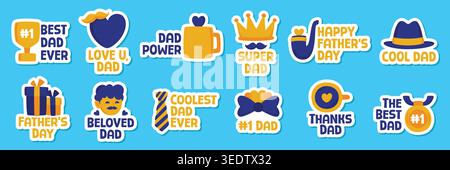Collezione di adesivi disegnati a mano per la Festa del papà con accessori e virgolette di colore blu e giallo. Illustrazione Vettoriale