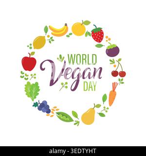 Luminoso design circolare di frutta e verdura che celebra la giornata Mondiale Vegan, simboleggia salute, natura e vita a base di piante. Illustrazione Vettoriale