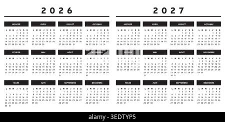 2026 e 2027 calendari con scatole in bianco e nero 4 colonne - francese Illustrazione Vettoriale