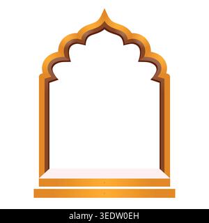 Elegante cornice ad arco islamico in tonalità oro, perfetta per l'esposizione di prodotti, design Ramadan, inviti e decorazioni natalizie. Illustrazione Vettoriale