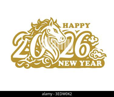 Design Golden New Year 2026 con ornamenti stilizzati a cavallo e nuvole che simboleggiano forza, fortuna e celebrazione. Illustrazione Vettoriale