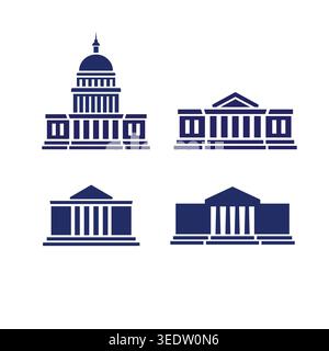 Set di icone minimaliste degli edifici governativi in blu, con colonne e cupole classiche, che rappresentano istituzioni, legge e autorità. Illustrazione Vettoriale