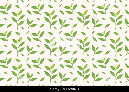 Motivo senza cuciture di foglie di tè verde su un morbido sfondo beige, creando un design botanico fresco, naturale ed elegante. Illustrazione Vettoriale