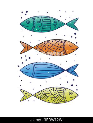 Illustrazioni decorative a base di pesce in uno stile allegro e piatto, con contorni audaci, motivi geometrici e colori vivaci su uno sfondo bianco pulito. Illustrazione Vettoriale