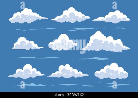 Collezione di soffici fumetti bianchi su uno sfondo blu chiaro del cielo, che creano un'atmosfera tranquilla e giocosa. Illustrazione Vettoriale