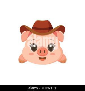 Simpatico maiale da cartone animato con cappello da cowboy marrone, sorridente felicemente con grandi occhi luminosi, perfetto per il design a tema agricolo o occidentale. Illustrazione Vettoriale