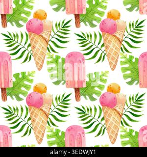 Gelato in un cono di waffle e su un bastoncino con foglie tropicali, un vivace acquerello estivo senza cuciture. Caramelle trafilate a mano per la progettazione, il confezionamento, Foto Stock