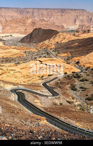 Una tortuosa strada asfaltata serpeggia attraverso le spettacolari formazioni rocciose di arenaria e il paesaggio del canyon desertico di Alula, Arabia Saudita. Foto Stock