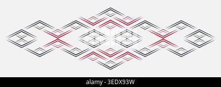 Elemento di design geometrico ornamentale rosso nero. Rombi neri con linee nitide su sfondo bianco. Ornamento stilizzato folklore. Decorazioni in stile country Illustrazione Vettoriale