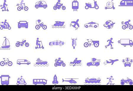 Set colorato di icone di trasporto. Icone vettoriali di automobili, aerei, elicotteri, tram, motociclette, biciclette, scooter, barche, skateboard, furgoni e altri Illustrazione Vettoriale