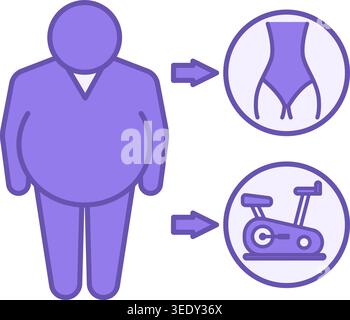 Icona di motivazione colorata. Illustrazione vettoriale. L'uomo sovrappeso sogna di avere un corpo sottile. Cyclette per allenamento, fitness. Stile di vita sano. Peso Illustrazione Vettoriale