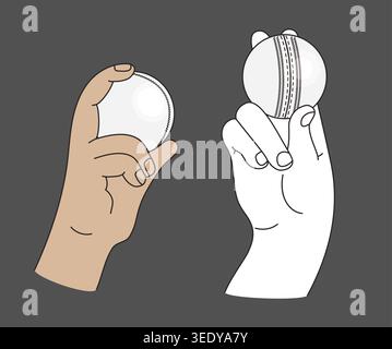 Impugnature da bowling professionali per cricket con palla in pelle bianca per partita T20. Posizioni delle mani minimaliste con rappresentazione della diversità. Illustrazione vettoriale Illustrazione Vettoriale