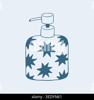 Illustrazione vettoriale disegnata a mano di un dispenser di sapone liquido con motivo a stella. Decorazioni in linea blu per interni del bagno, igiene delle mani e. Illustrazione Vettoriale